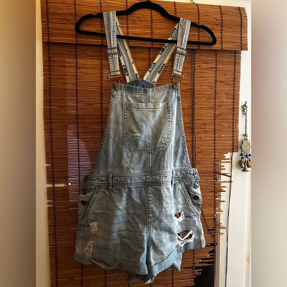 Forever 21 Blue Denim Overalls with Patterned Straps